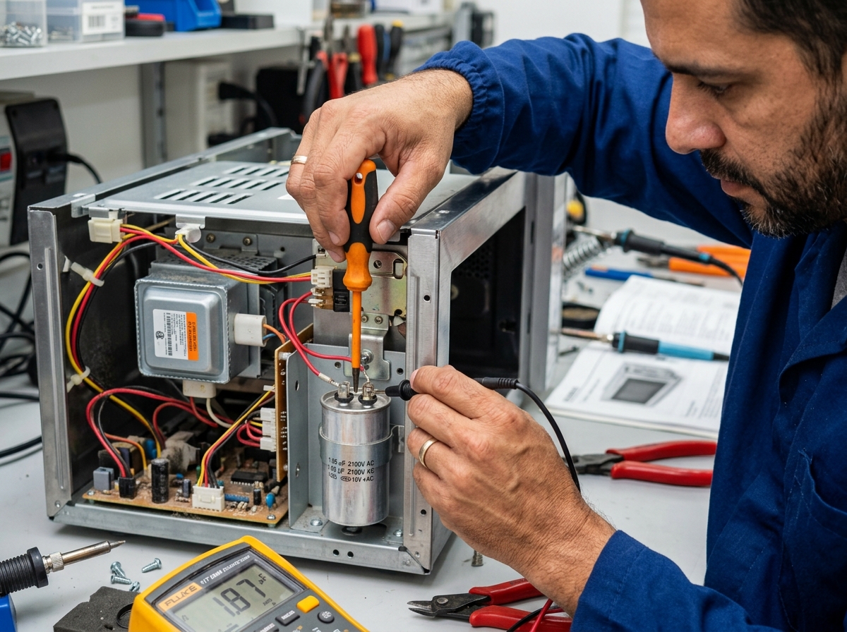 Conserto de micro-ondas moderno em bancada técnica