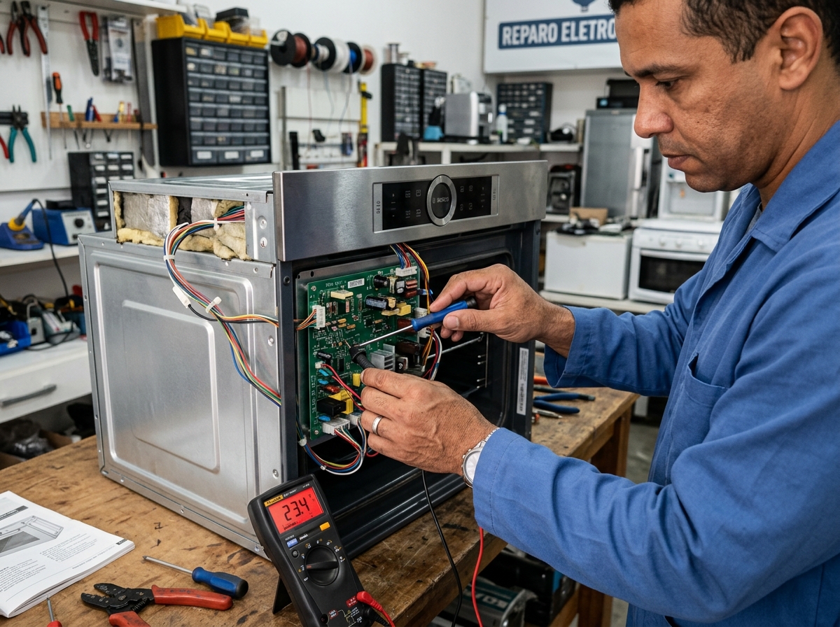 Técnico realizando manutenção em forno elétrico digital