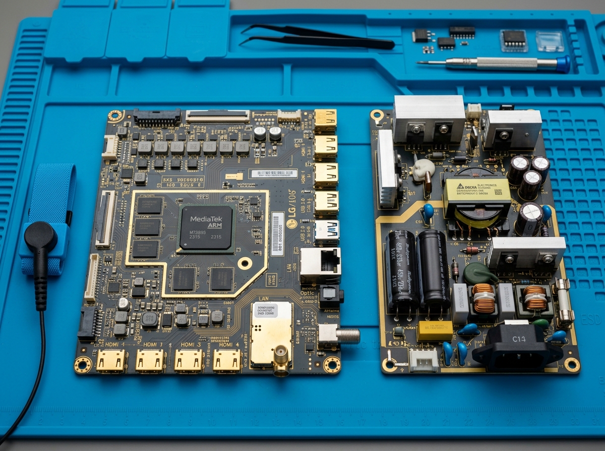 Placa principal e fonte de TV Smart em bancada antiestática